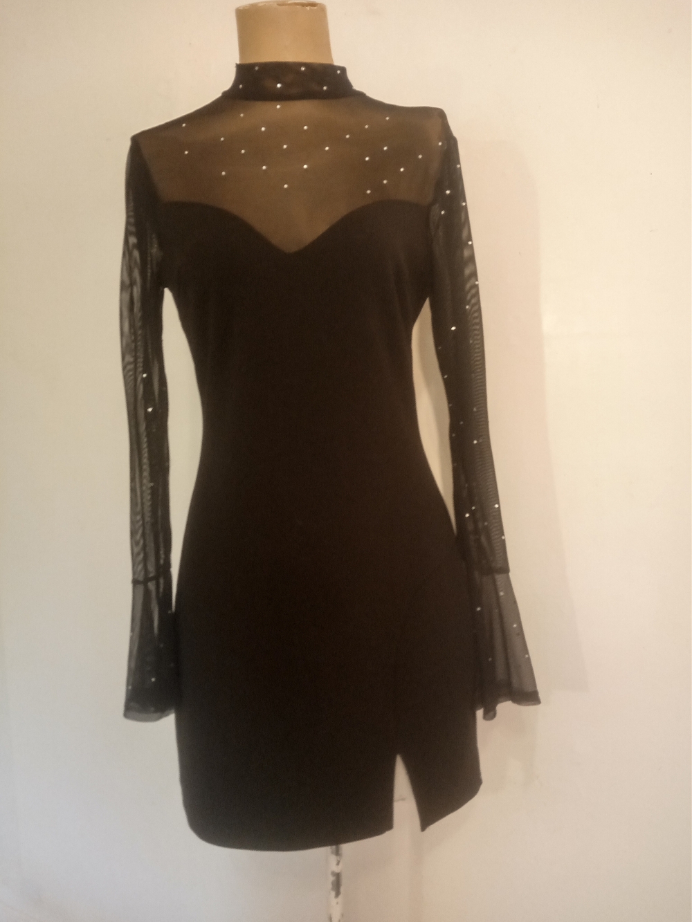 Crystal Doll Black Sheer-Yoke Long Sleeve Mini Dress